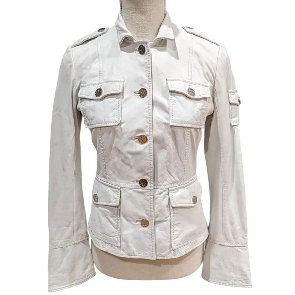Tory Burch Women's Genuine Leather Utility Military Jacket in White Size 2